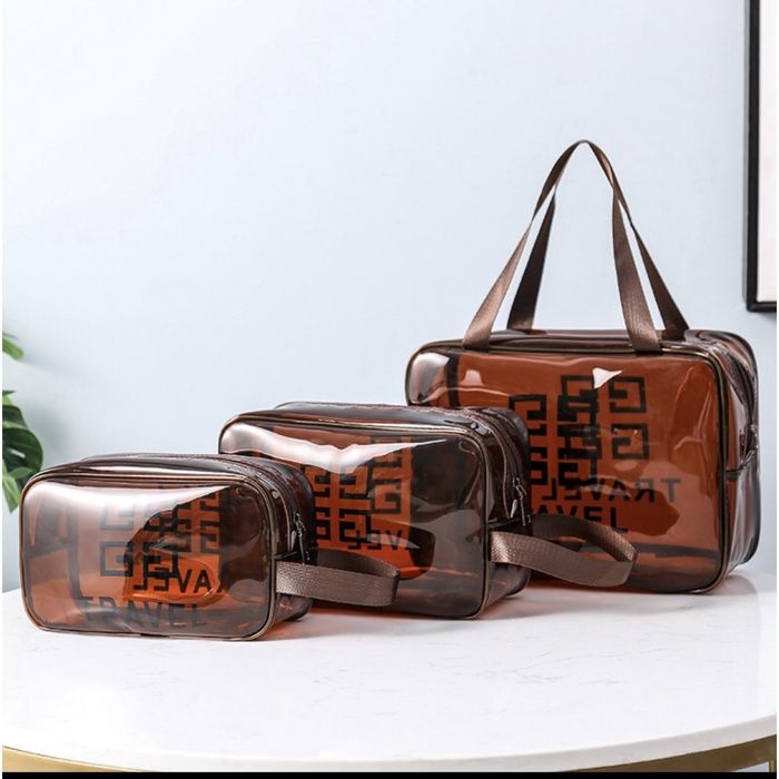 Pack 3Pcs Sac de Maquillage Large avec 2 Trousse Transparent Motif Travel