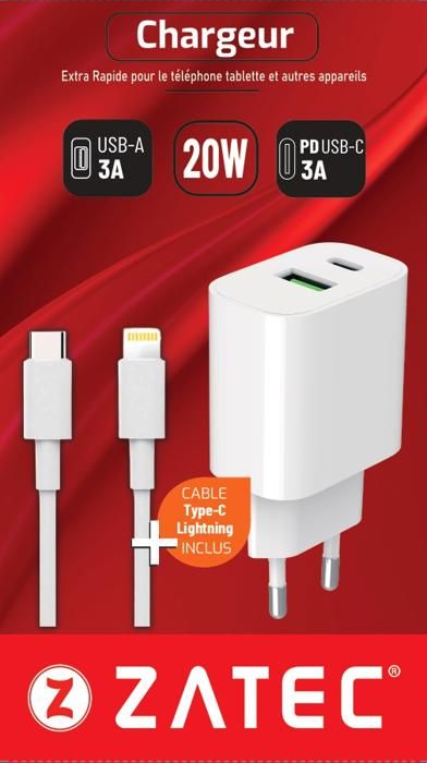 Chargeur Secteur Rapide - ZATEC - PD 20W - Double Port USB-A & USB-C - Câble Type-C vers Lightning - 3A