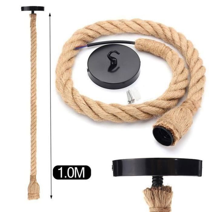 Suspension Luminaire Lustre corde chanvre Plafonnier Industriel pour Maison Salon Balcon Restaurant (uni, 1M)