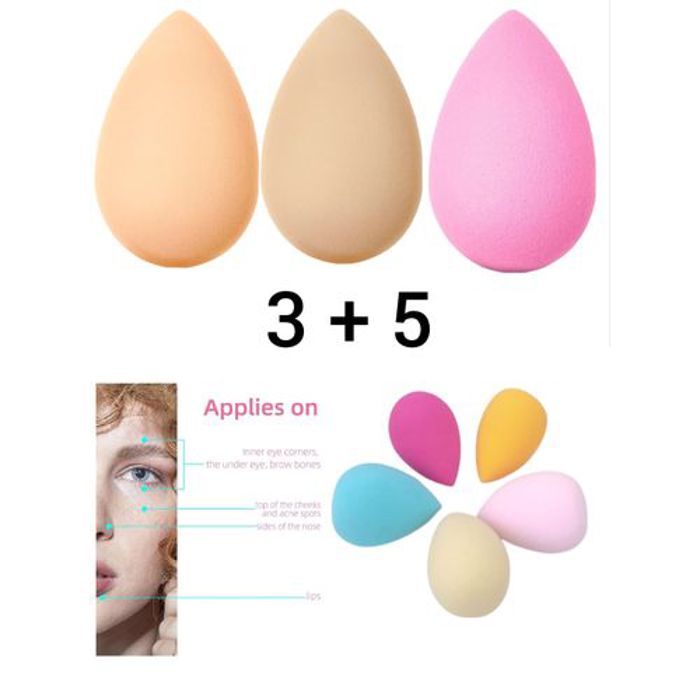 Eponge de maquillage, pack de 3 moyennes éponges plus 5 mini éponges,Sans Latex.Couleurs aléatoires.