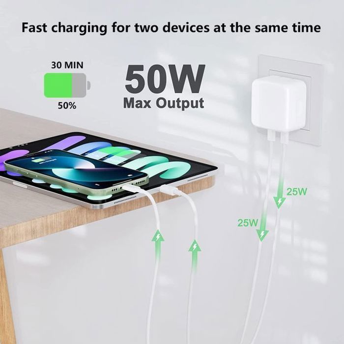 Chargeur IPhone 50W Double sortie USB-C Avec un Cable IPhone USB-C to Lightning