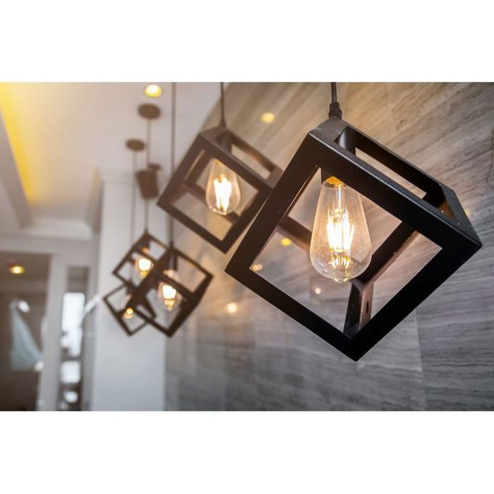 Suspension Cube Noir + Ampoule à Filament LED 6W