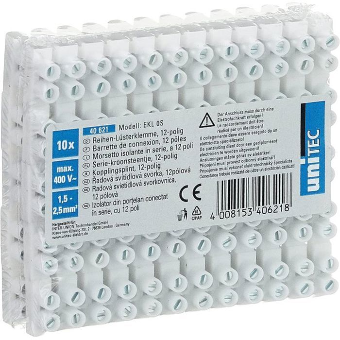 Barrette de 10 Dominos Électriques, Bornes Électriques, 12 mm², Blanc