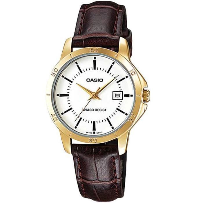 Montre - Casio - LTP-V004GL-7AUDF - Cadran blanc - Bracelet cuir marron - Résistante à l'eau