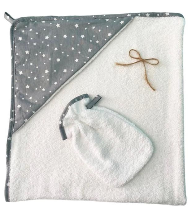 Sortie de bain avec gant gris étoiles blanc