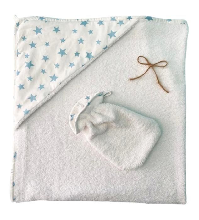 Sortie de bain avec gantblanc étoiles bleu ciel