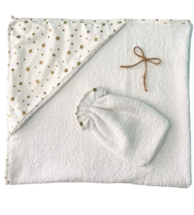 Sortie de bain avec gant blanc étoiles dorées
