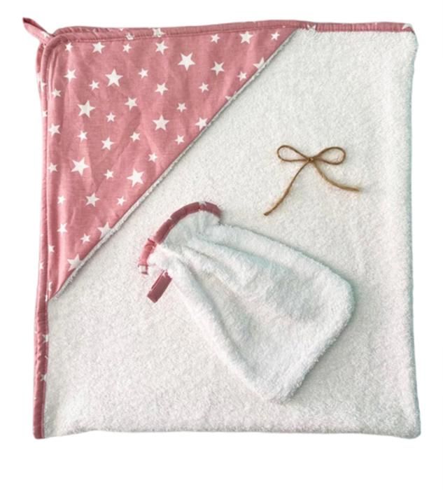 Sortie de bain avec gant rose étoiles blanc