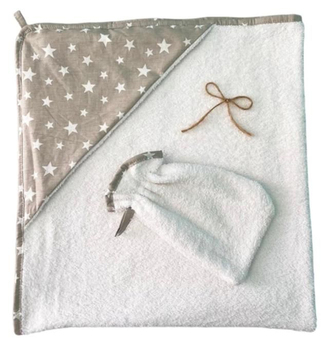 Sortie de bain avec gant blanc étoiles beige taupe