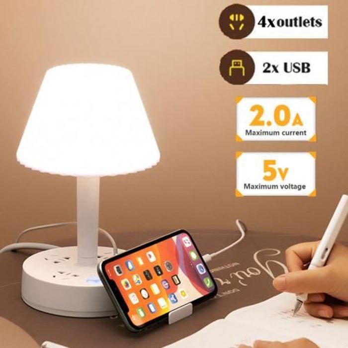 Lampe de table 3 Lights multifonction, 4 prises, 2 prises USB et support de téléphone portable
