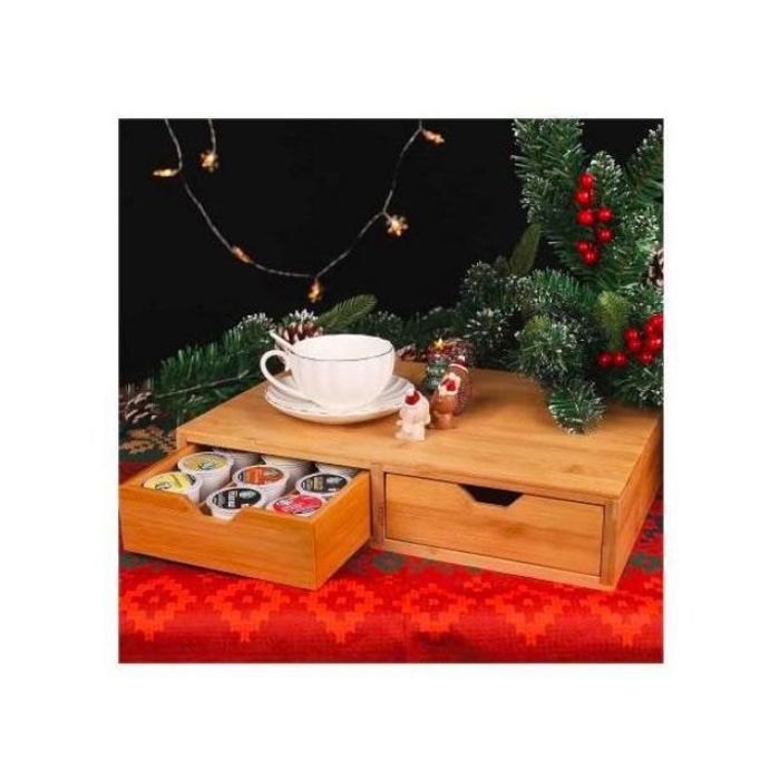 Rangement pour machine à café - MDF - Porte-gobelet - Bambou naturel - 2 tiroirs - 30 dosettes