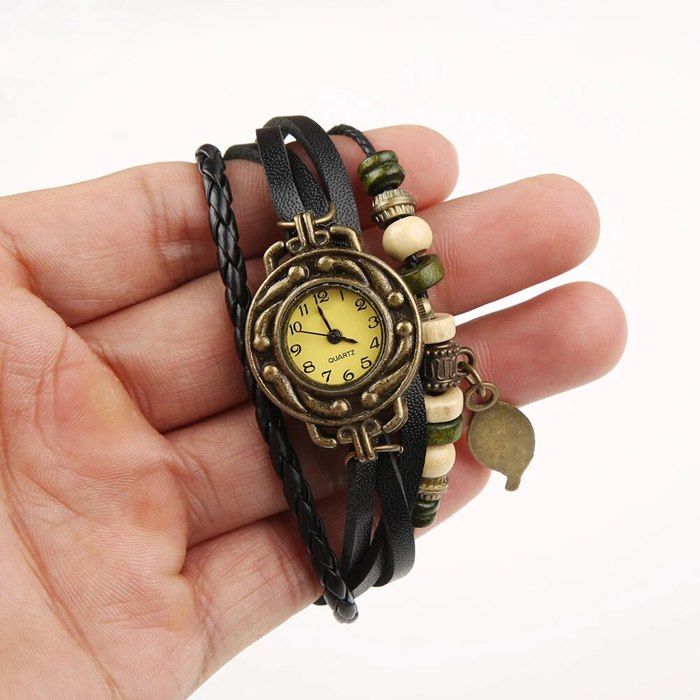 Montre femme cuir noir vintage