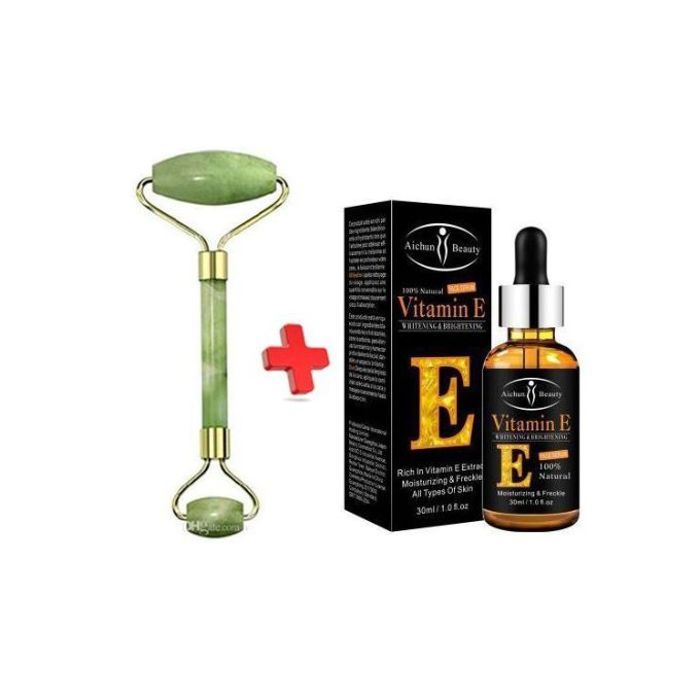 Pack Sérum Riche En Vitamine E Pour Contour Des Yeux Et Jade Stone Facial Roller