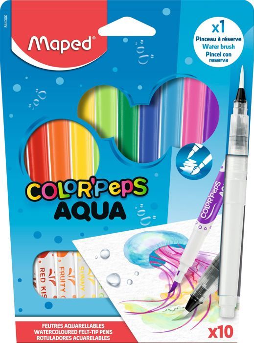 Feutres de coloriage - Maped - Aqua Color'Peps - 10 Couleurs Éclatantes - Pinceau à Réserve d'Eau - Mixte
