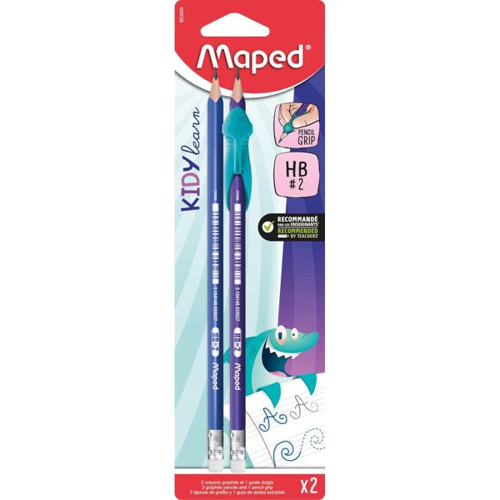 Crayons Graphite - Maped - KIDY LEARN - 2 HB2 + Guide-doigts Requin - Idéal dès 3 ans - Couleurs Vives
