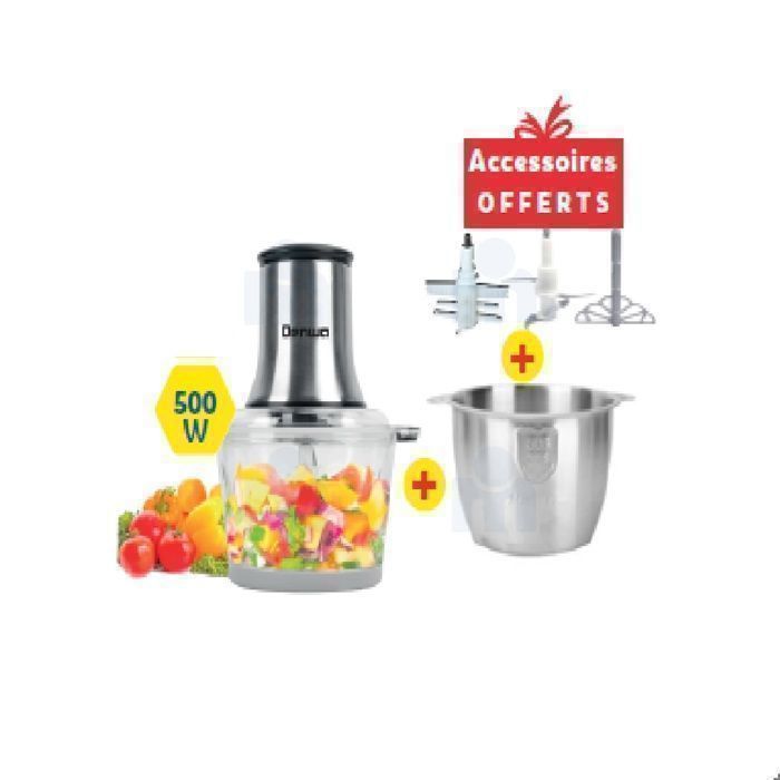Hachoir Multifonction - Denwa - FC423DC - 2L - 500W - 2 Bols et Accessoires