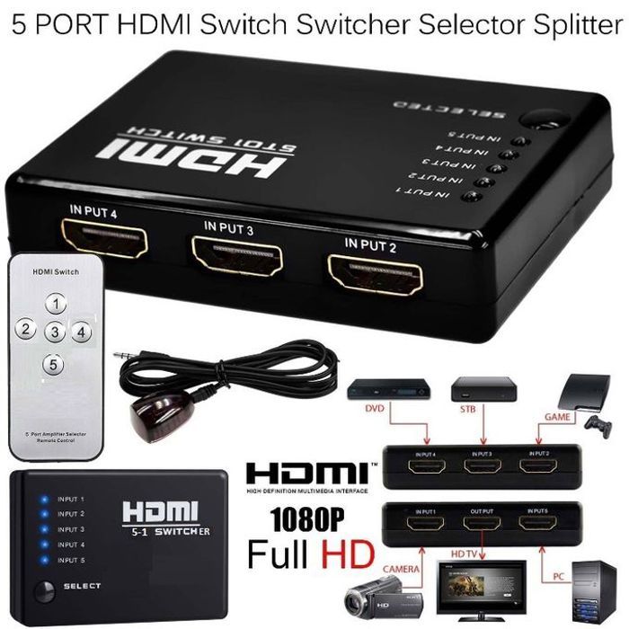 Switcher 5 Port 1080P HDMI Commutateur Sélecteur Séparateur Hub+Télécommande