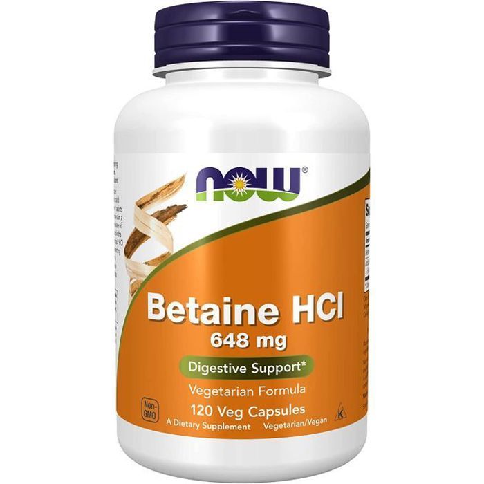 Now Foods Betaine HCl 648 mg Chlorhydrate 120 Caps Soutien digestif