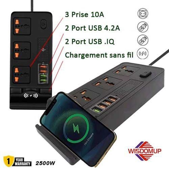 Wisdomup Rallonge multiprise avec 6 ports USB 4.2A, 5V + chargement sans fil