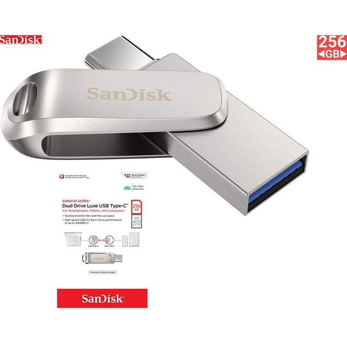 Sandisk Cle usb 2in1 ultra dual drive luxe USB Type-C 256 Gb vitesse Jusqu'à 400 Mo/s 3.1gen