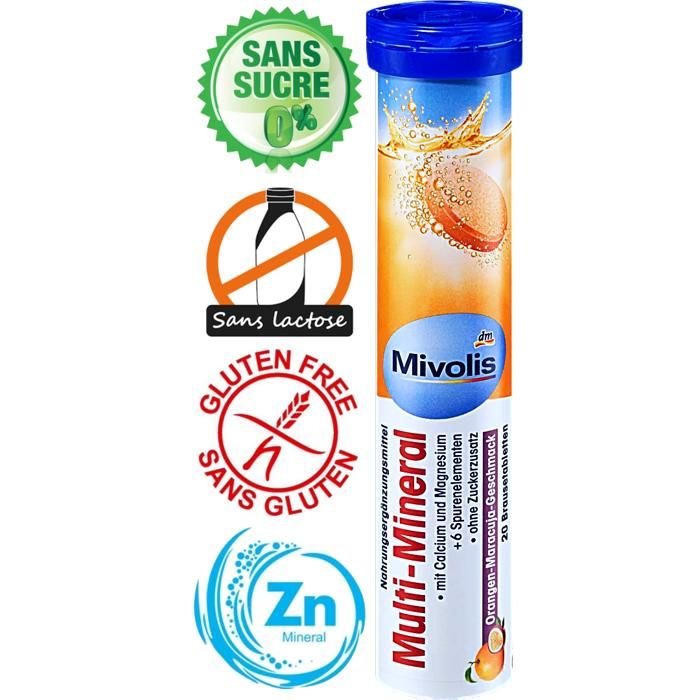 Comprimés Sans gluten Sans lactose multi-minéraux Calcium Magnésium Manganèse Molybdène Sélénium Zinc 20 pièces