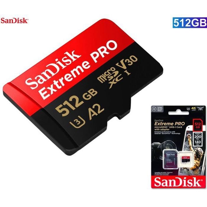 Sandisk Carte memoire 512gb microSDXC Extreme Pro 200 MB/s Dronee A2Classe10,U3,V30