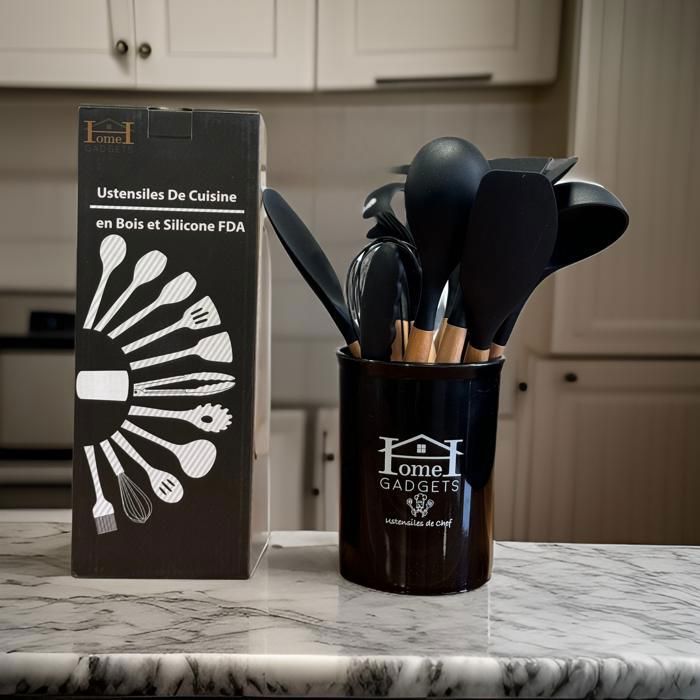 12 pièces d'ustensiles de cuisine en bois et silicone