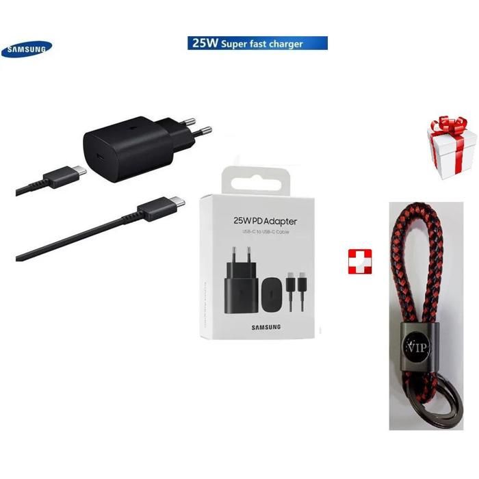 samsung Chargechargeur Adaptateur secteur Fast Type-C vers Type-C 25W+cadeau porte cle couleur selon la disponbilite