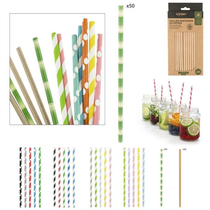 Paille en papier - Imprimées fantaisie - Lot de 50 - Multicolore - Écologique