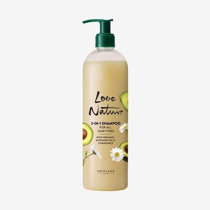 Shampooing 2 en 1 pour Tout Type de Cheveux Love Nature à l'Huile d'Avocat et de Camomille 500 ml