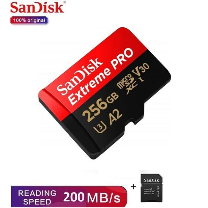 Sandisk Carte memoire microSDXC Extreme Pro 256GB 200 MB/s Dronee A2 Classe10,U3,V30