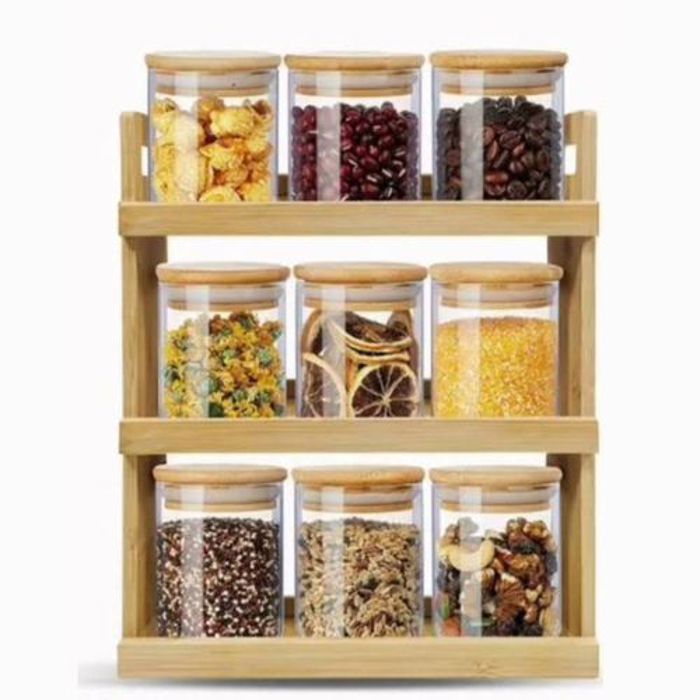 Set de 9 pots à épices en verres avec support en bois BW