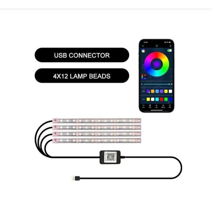 Lumière ambiante intérieure de voiture à LED,contrôle d'application de musique,48LED Dreamcolor USB