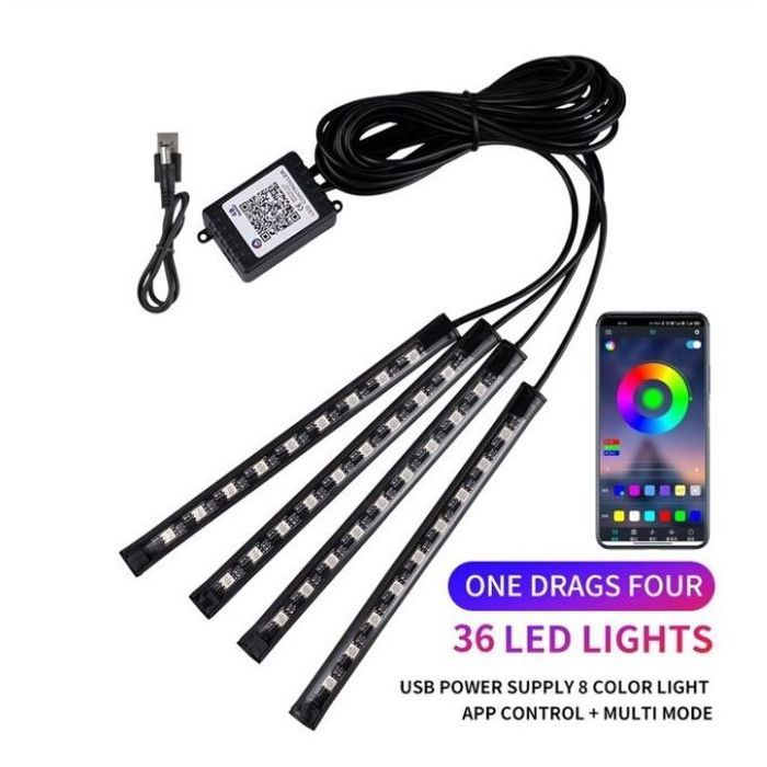 Lumière ambiante LED au pied de voiture avec USB, application de contrôle de la musique,RGB 36LED