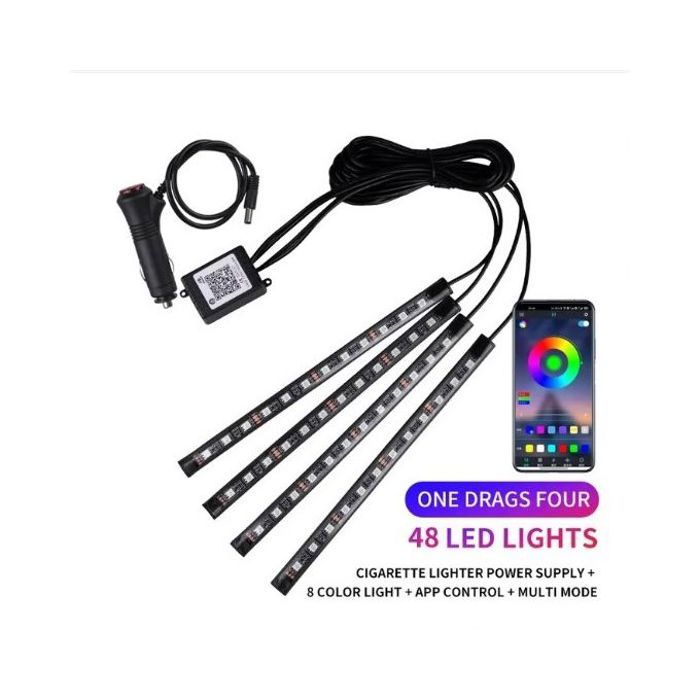 Lumière ambiante LED au pied de voiture avec USB,48LED Cigar APP contrôle de la musique,RGB 48LED