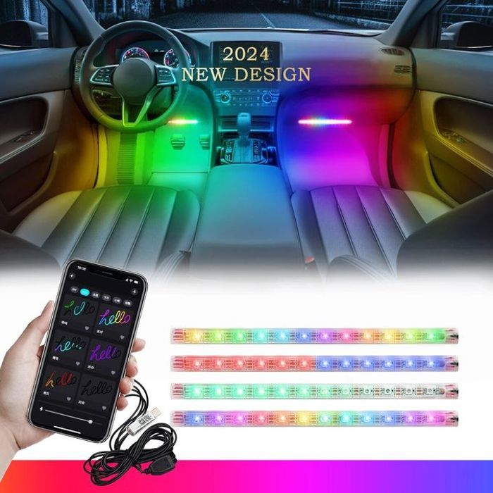 Lumières de pied intérieures de voiture à LED RGBIC ,rétroéclairage RGB, kit d'éclairage, contrôle de la musique par applicatio