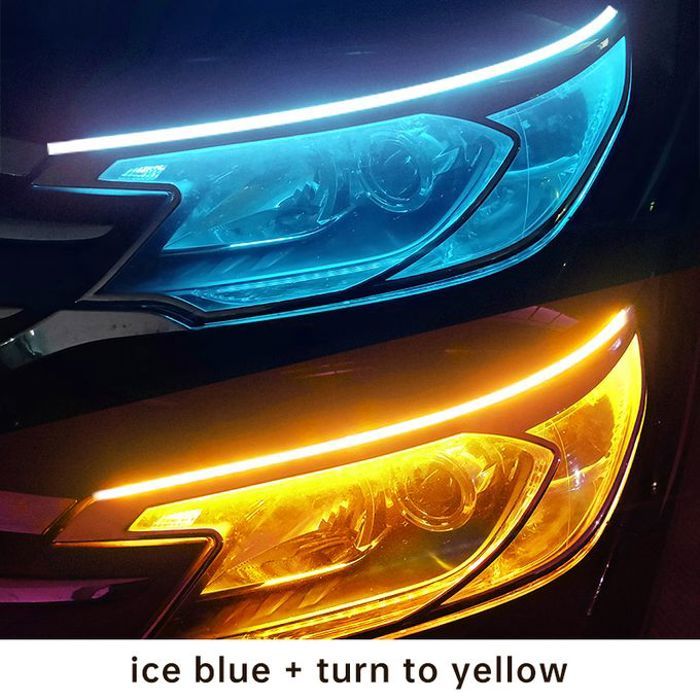 Feux de jour LED pour voiture,bande Flexible et étanche,feux de voiture,feux de freinage,60CM,2pes Ice Blue To Yellow