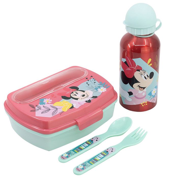 Ensemble Lunch Box + Gourde + Couverts - MINNIE - Rose - Rectangulaire - Enfant - Compatible lave-vaisselle