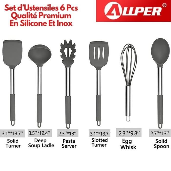 ALLPER Set d’Ustensiles En Silicone Qualité Premium Avec Poignée En INOX 6 Pièces Antiadhésifs