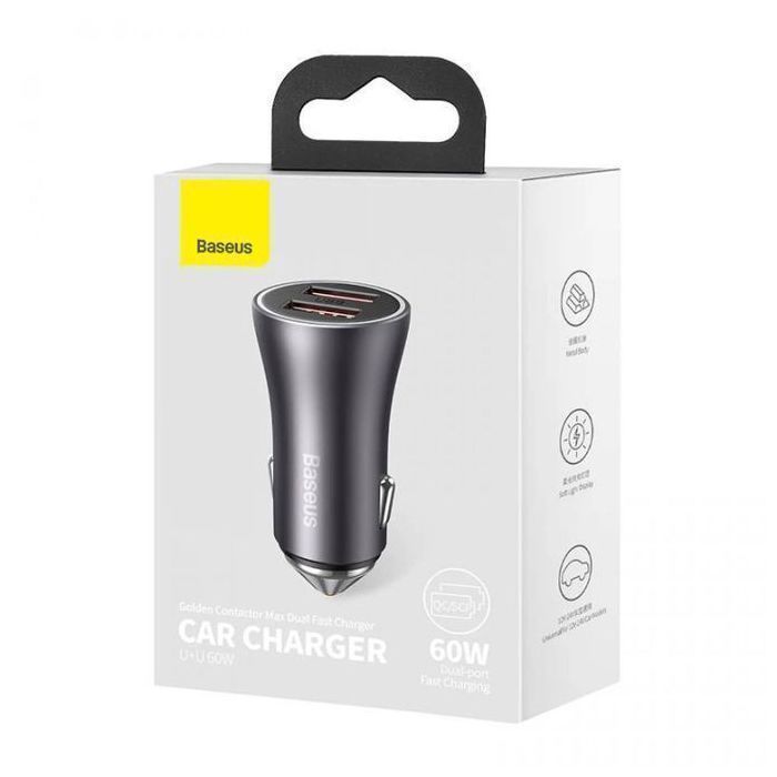 Chargeur de voiture - BASEUS - Golden Contactor Max - 2 ports - Charge rapide jusqu'à 60W - Noir
