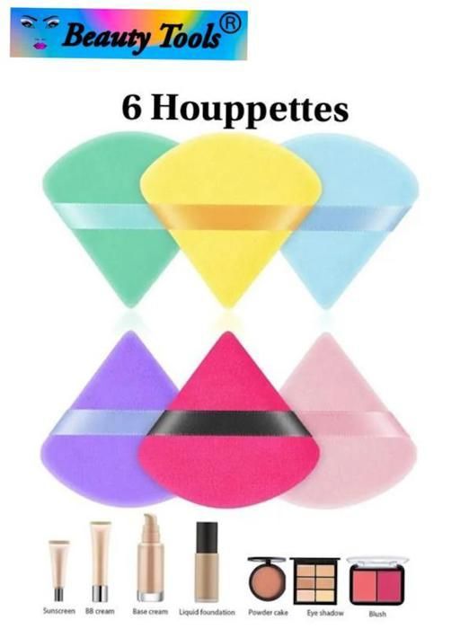 Éponges à Poudre , Lot de 6 Houppettes Velours Triangulaire originaux .Couleurs aléatoires.
