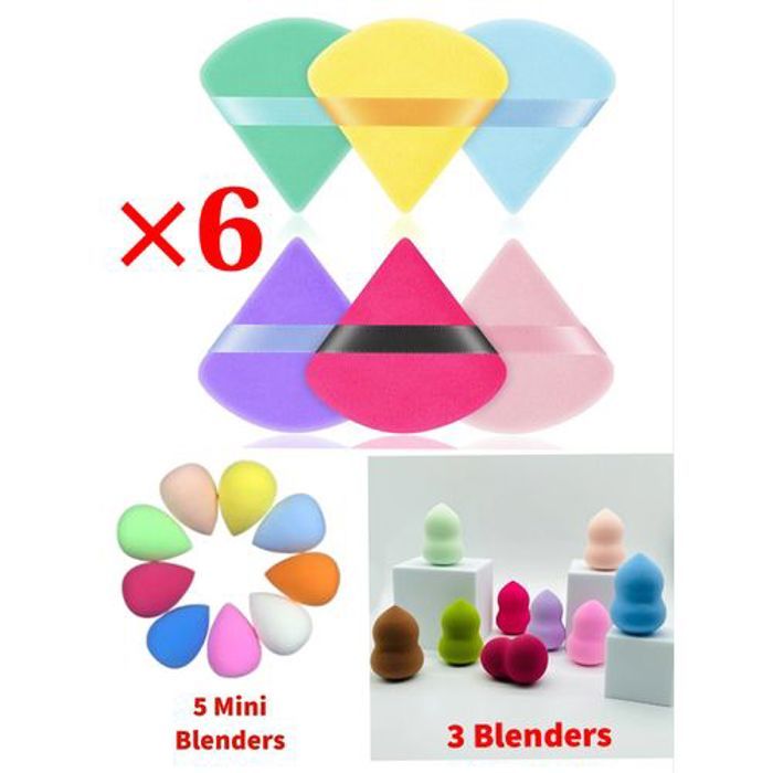 Éponges à Poudre , Lot de 6 Houppettes et 5 mini éponges plus 3 moyenne éponges.Couleurs Aléatoires.