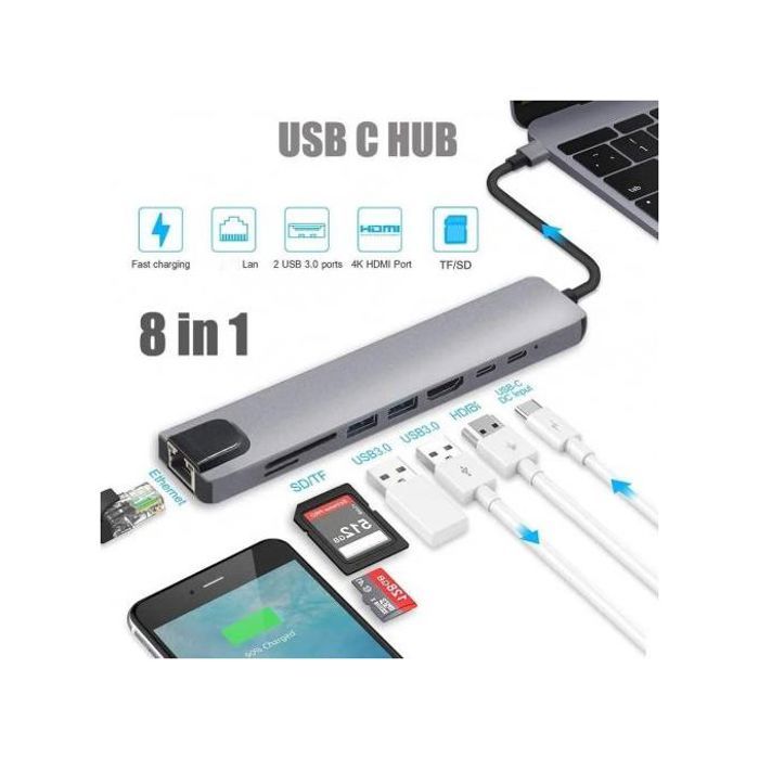 ADAPTATEUR 8EN1 TYPE C VERS PD HDTV HDMI 4K RJ45 USB 3.03.1 CARTE