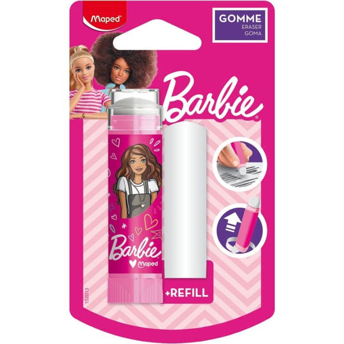 Gomme rétractable - MAPED - Barbie - Rose - Avec recharge - Système rotatif facile à utiliser