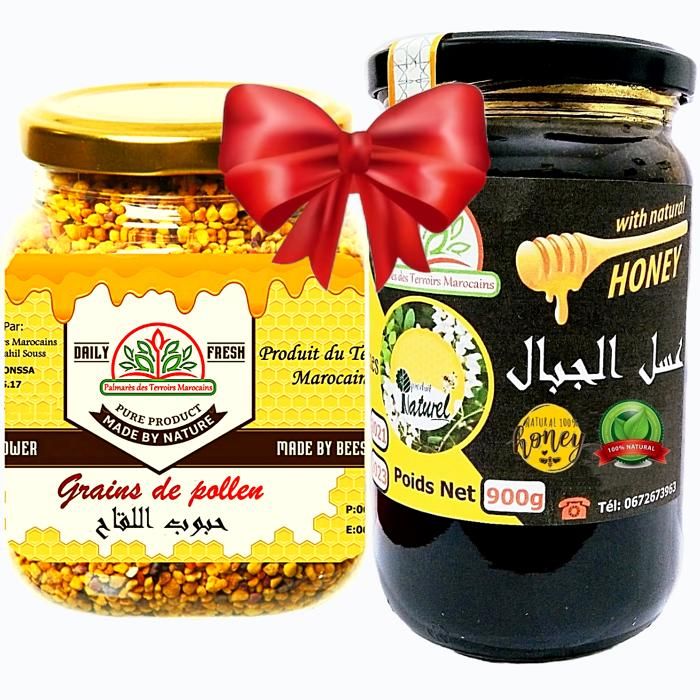 Miel de Montagnes (Antispasmodique, Antiseptique) 900g + Grains de pollen (énérgissant, Fértilité, superaliment, Grippe) 100g