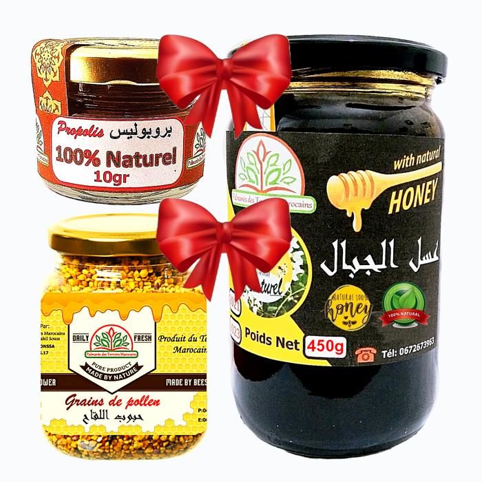 Miel de Montagnes 450g + Grains de pollen (énérgissant, Fértilité) 100g + Propolis 10g (défense naturel, système immunitaire)