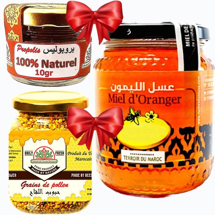 Miel oranger 1kg + Propolis 10g (défense naturel, système immunitaire) + Grains de pollen (Fertilité, superaliment) 100g