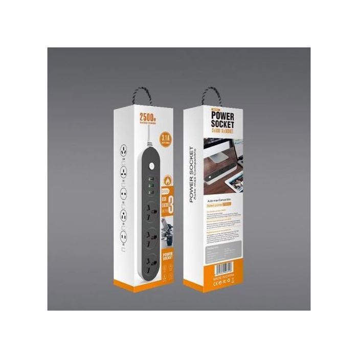 PRISE DE COURANT SH PS-08 AVEC 3 PORTS USB - 2500W - 3M AUTO MAX 3.1A