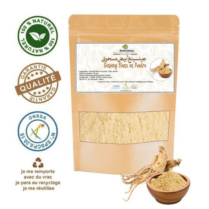 HERBO IDRISSI Ginseng Blanc en Poudre 100g - Performance Physique et Mental