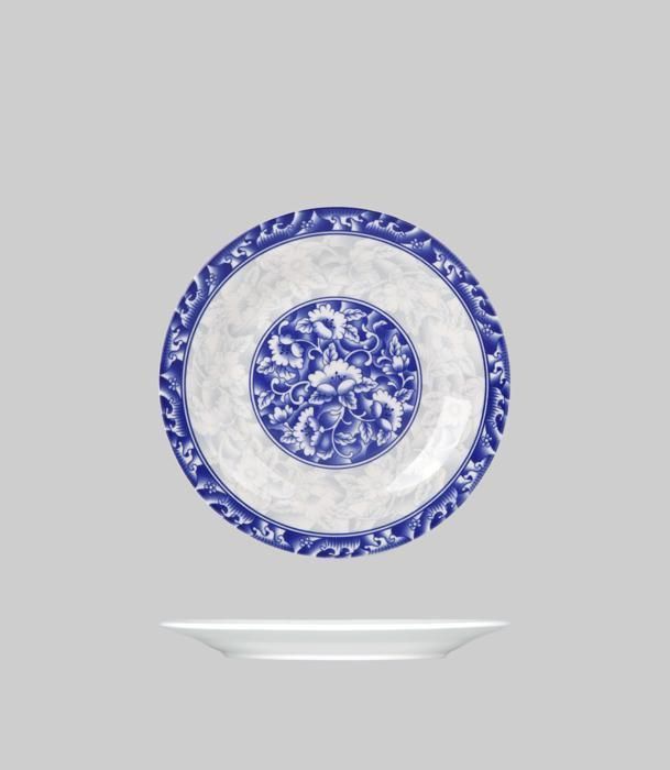 Assiette plate - MARQUE - Assiette plate ronde en porcelaine - 20,3 cm - Rebord bleu - Porcelaine